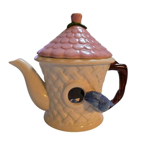 Vintage Teleflora Teapot Ceramic Tea Party Blue Bird In Mirror - Picture 1 of 6